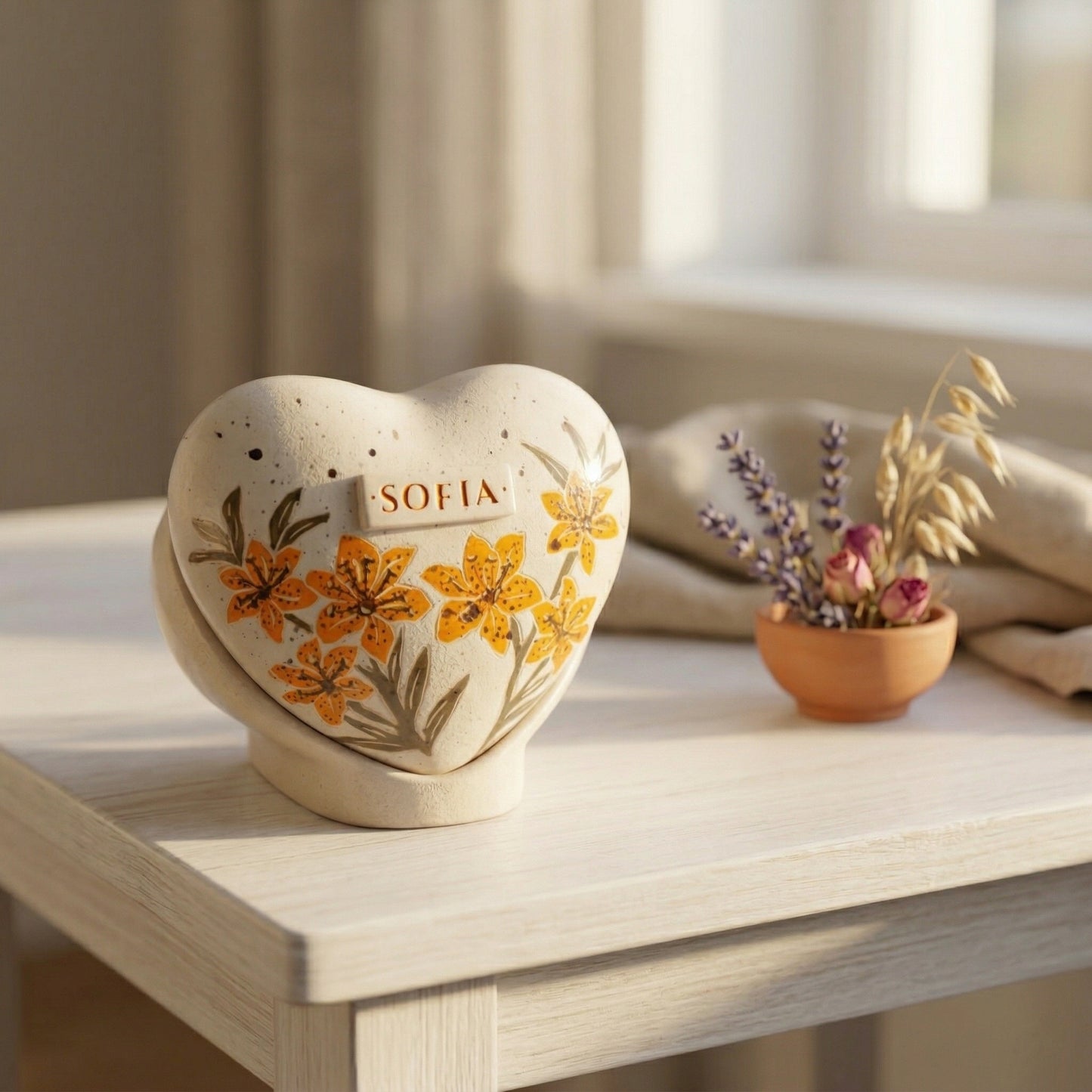 A warm home memorial display with an orange lily flower heart urn on a wooden table.