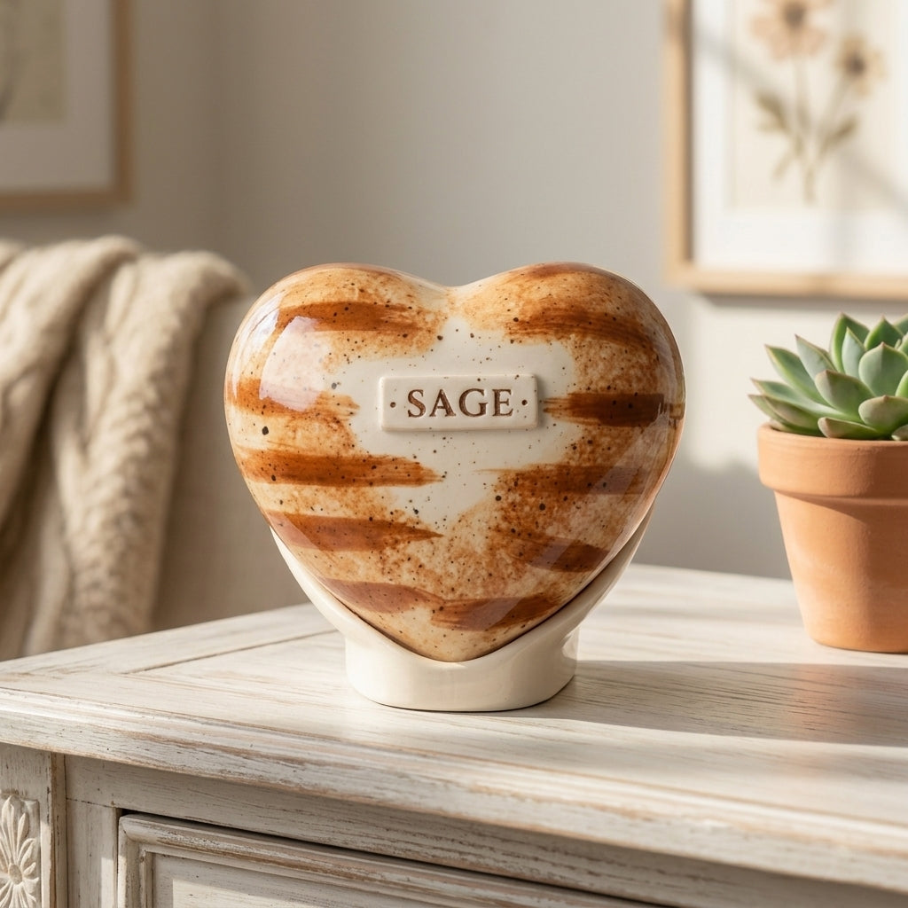 Personalized ginger tabby cat heart urn displayed on a wooden shelf in a sunlit, cozy home interior.