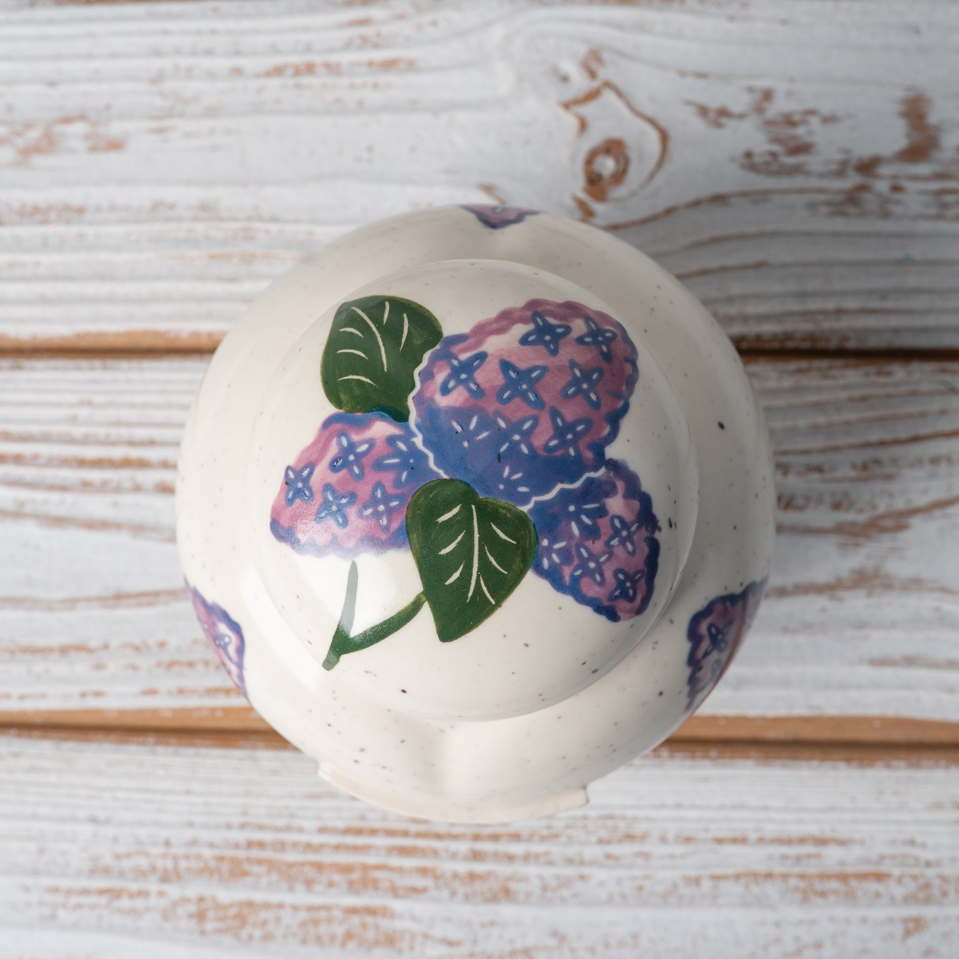 Overhead view of lilac ceramic urn