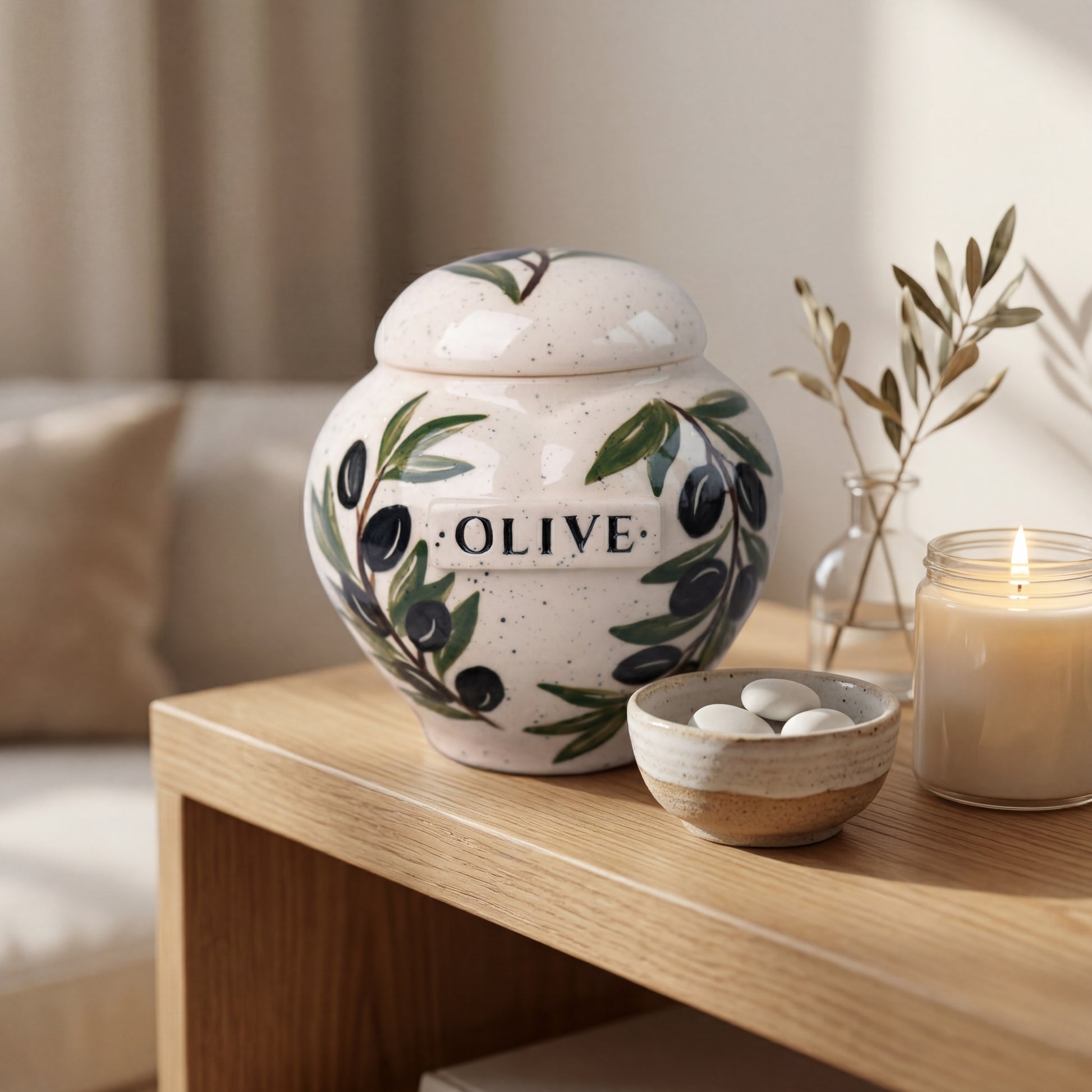 Olive branch ceramic heart urn in a serene memory corner by Mira Ceramics.