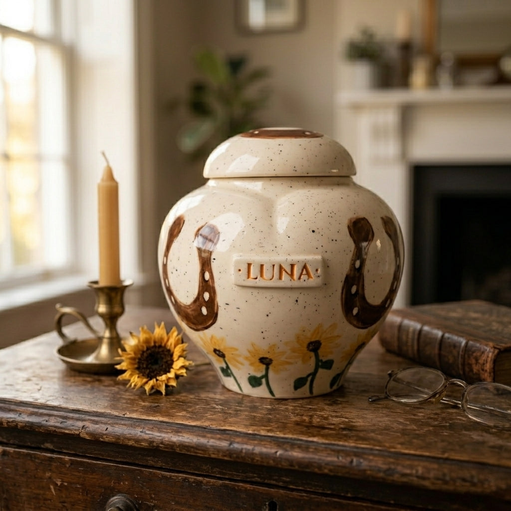 Personalized horse memorial urn with sunflowers in a cozy home interior