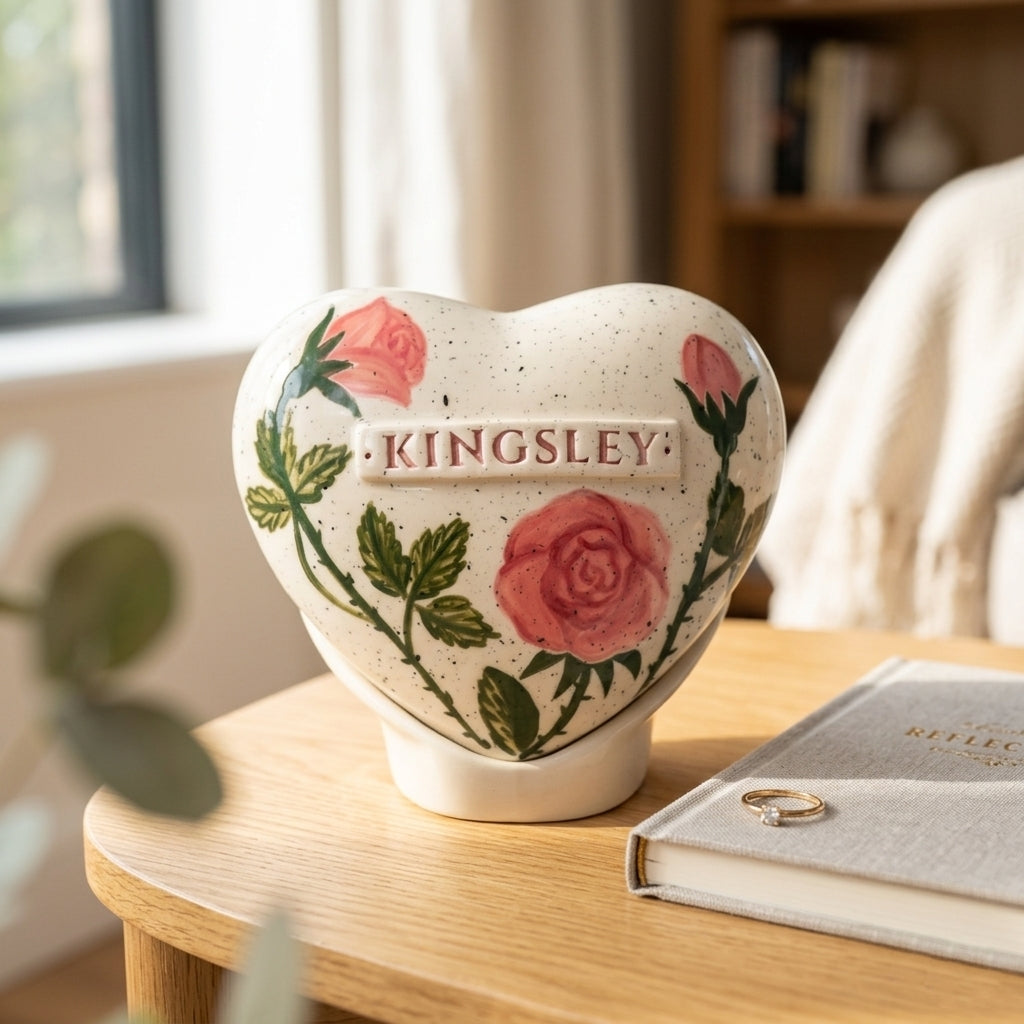 Pink Rose Flower Heart Ceramic Urn | Personalized | Mira Ceramics