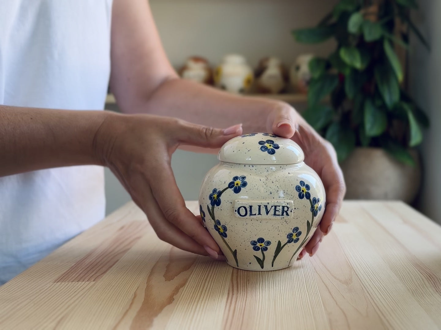Video showcase of the hand-painted forget-me-nots heart urn