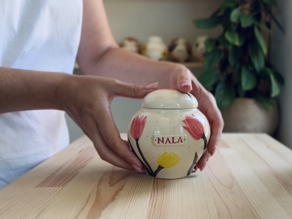Tulip Flower Heart-Shaped Ceramic Pet Urn – Handmade Memorial or Keepsake Urn for Adults