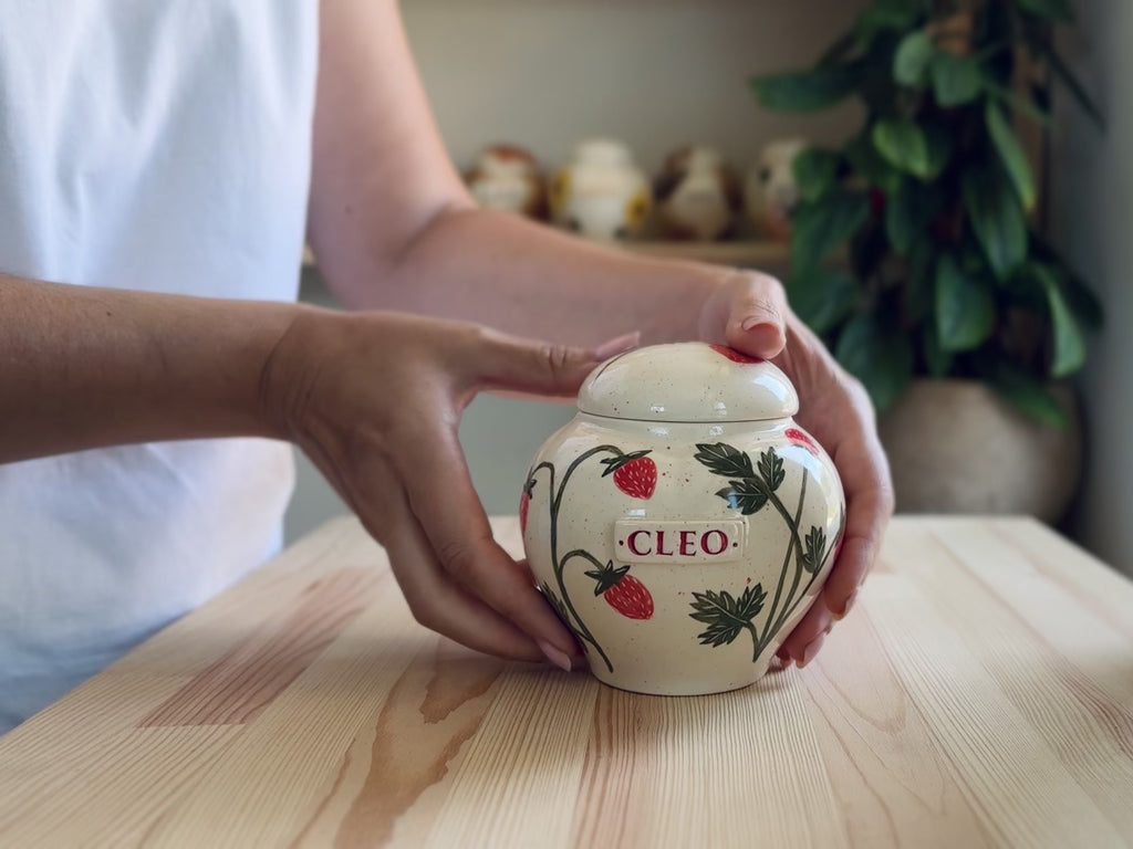 Strawberry Heart-Shaped Ceramic Pet Urn – Pet Memorial or Human Ashes Keepsake