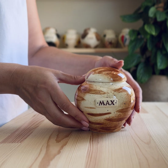 Video showcase of the hand-painted ginger red tabby cat heart urn