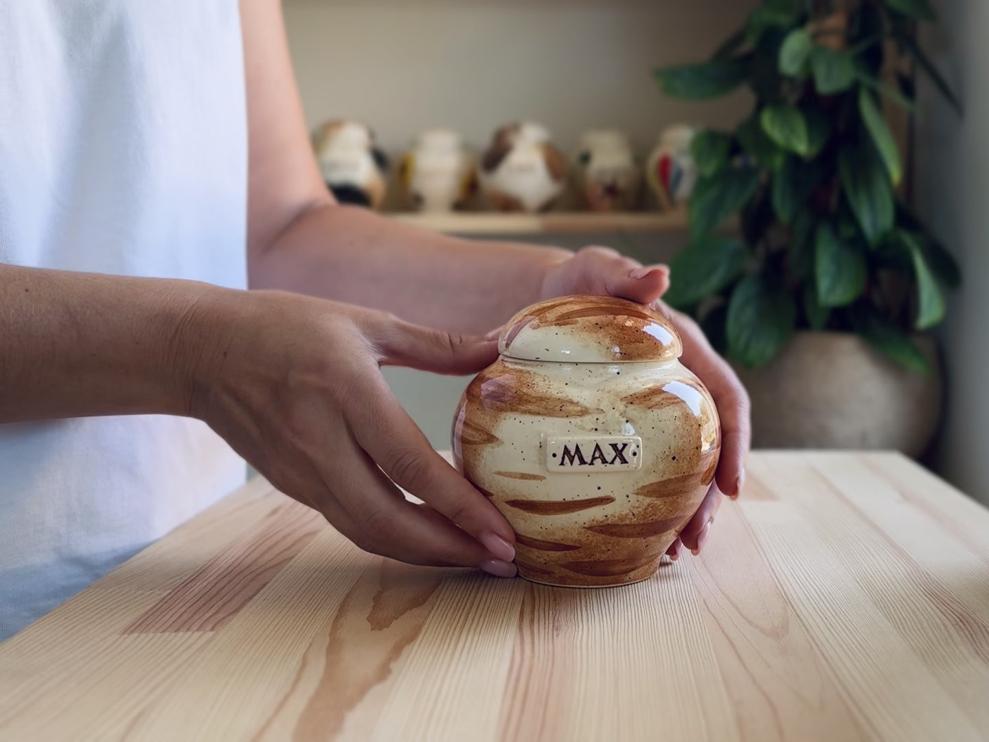 Video showcase of the hand-painted ginger red tabby cat heart urn