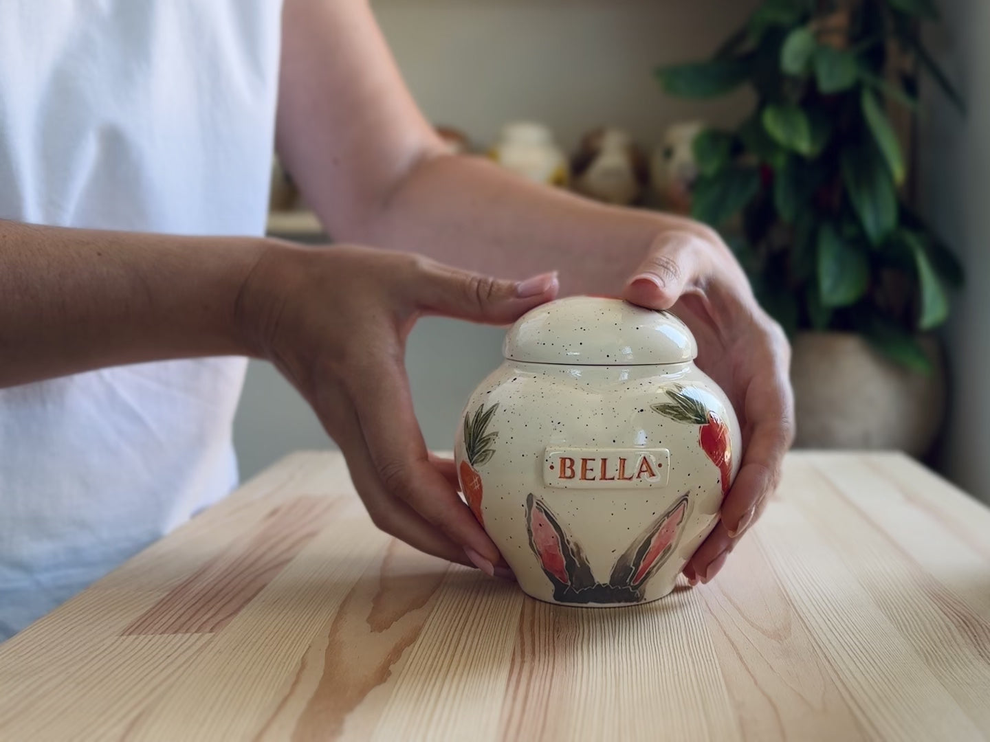Video showcase of the hand-painted rabbit ears and carrots heart urn