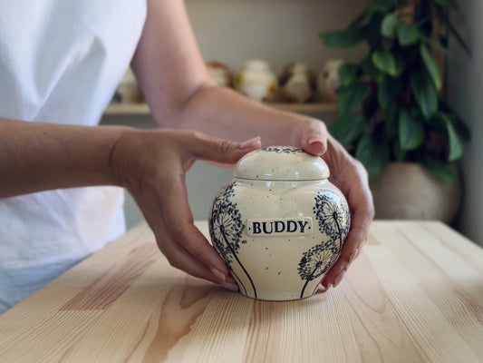Video showcase of the hand-painted dandelion heart urn