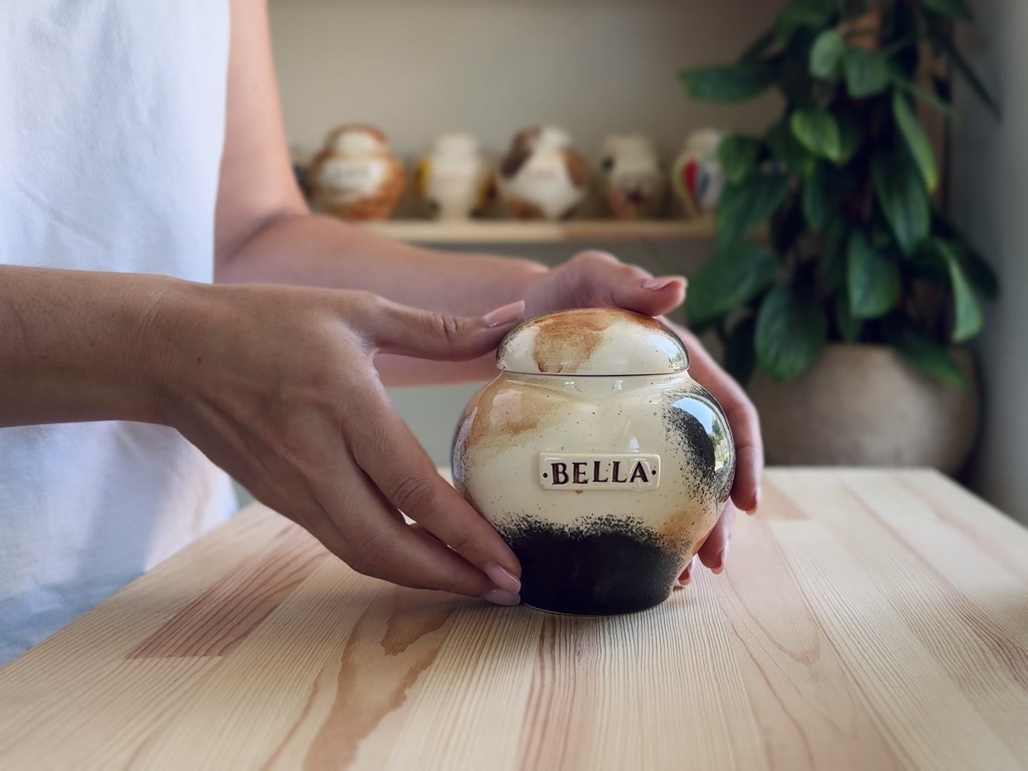 Video showcase of the hand-painted Calico cat heart urn by Mira Ceramics