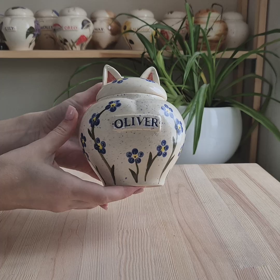 Forget-Me-Not Cat Urn: Ceramic Memorial with Cat Ears