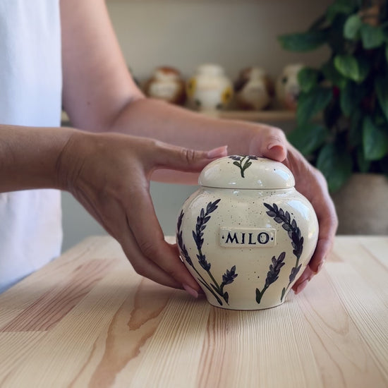 Video showcase of the hand-painted lavender heart urn