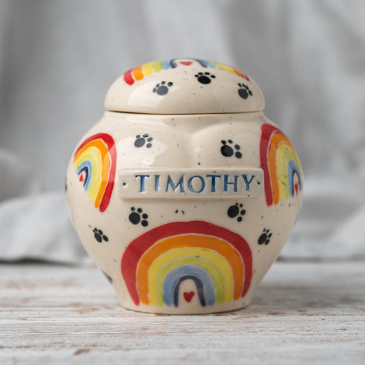 Hand-painted pot-style heart-shaped ceramic urn with a vibrant rainbow for pet ashes