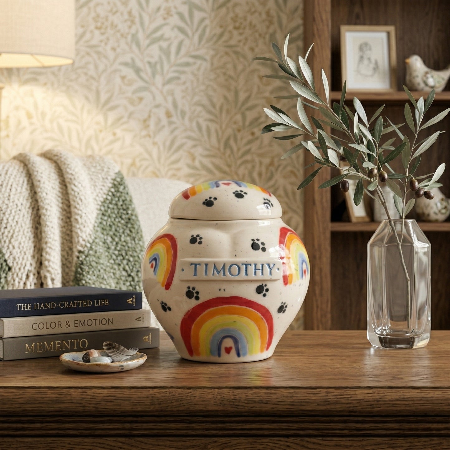 A serene home memorial display with a Rainbow Bridge pot-style heart urn on a wood table.