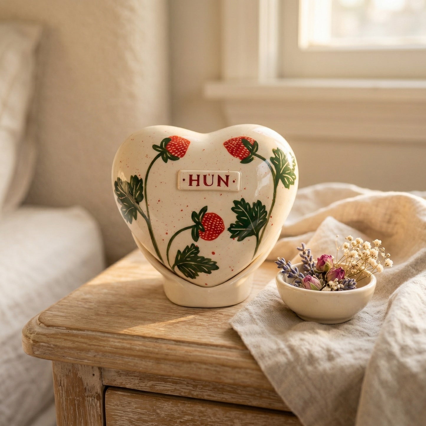 A bright home memorial display with a strawberry heart urn on a wooden shelf.
