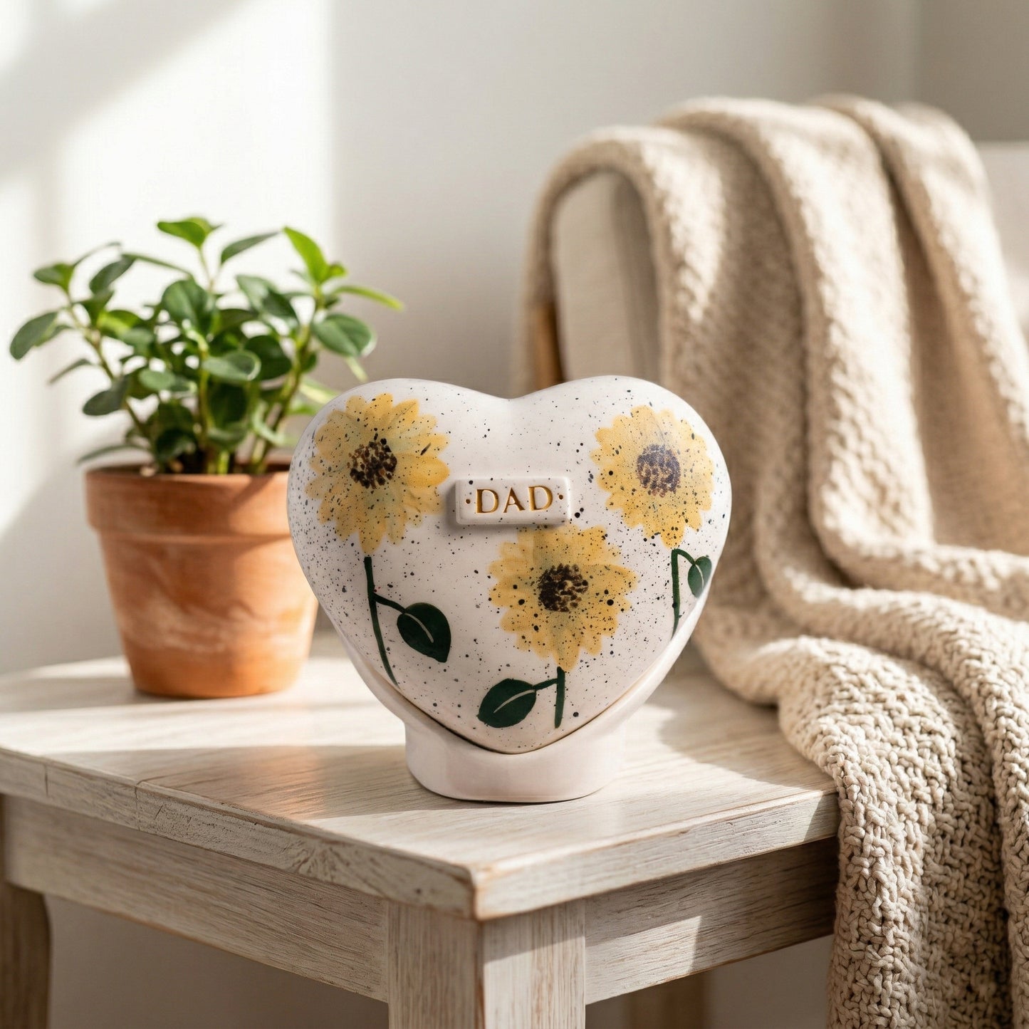 Heart-shaped ceramic keepsake with sunflower design on a wooden surface, next to a potted plant and blanket.