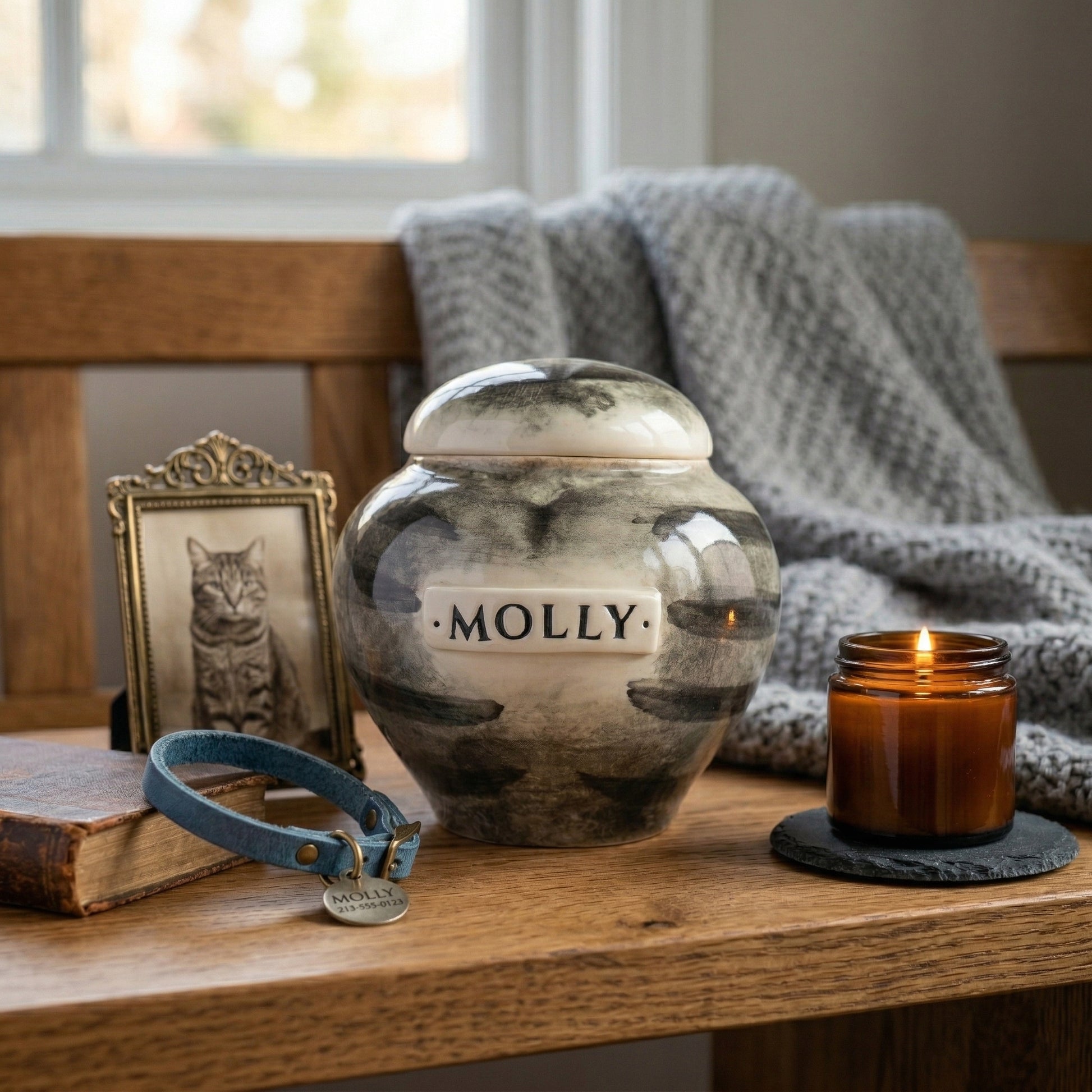 A peaceful home memorial display with a grey tabby stripes ceramic urn on a wooden shelf next to a blurred photo frame.