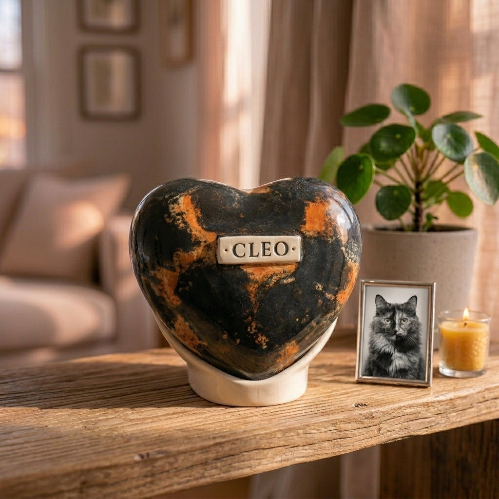 Personalized tortoiseshell cat memorial urn displayed in a cozy, sunlit home interior with a small candle.