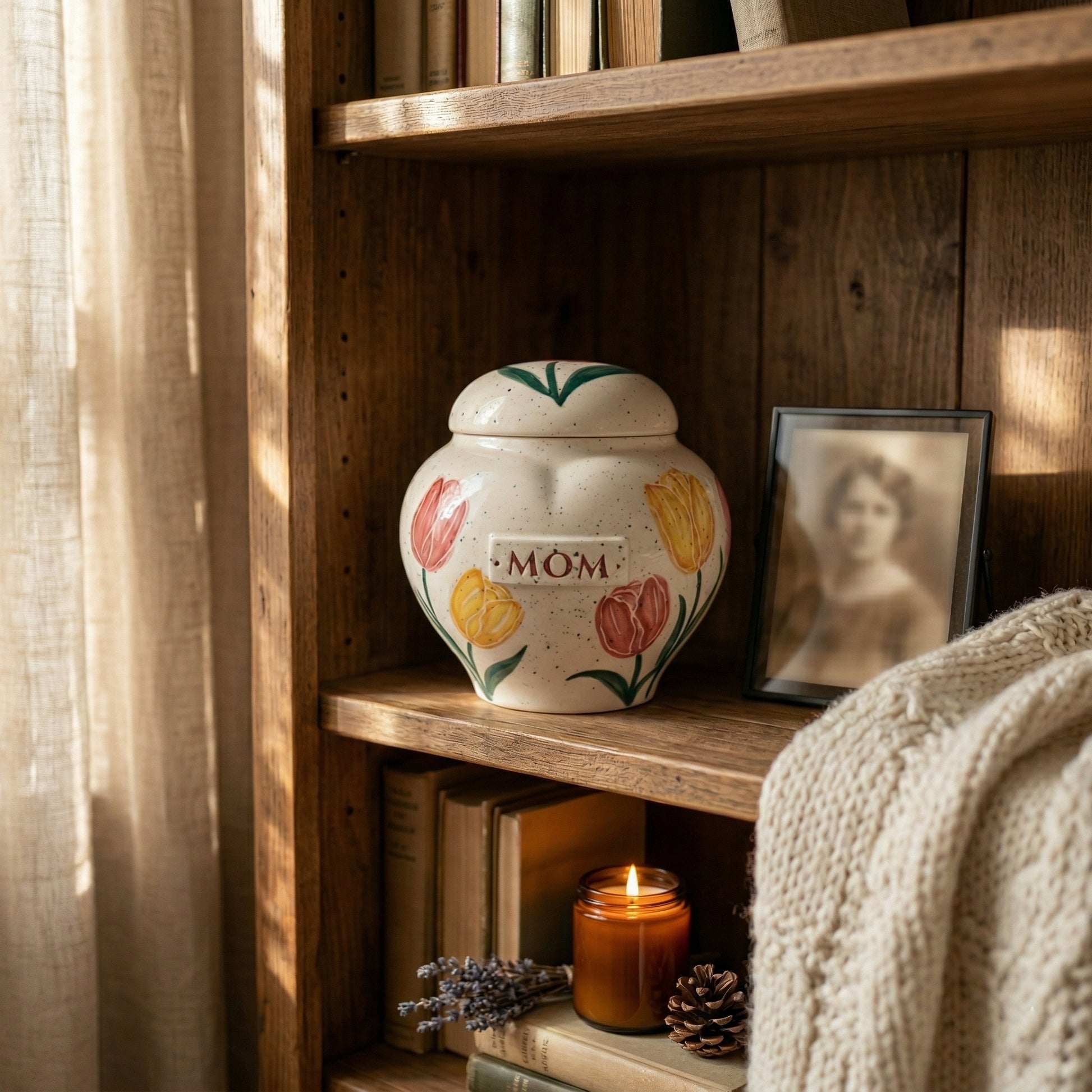 A serene home memorial display with a tulip ceramic urn on a wooden shelf.