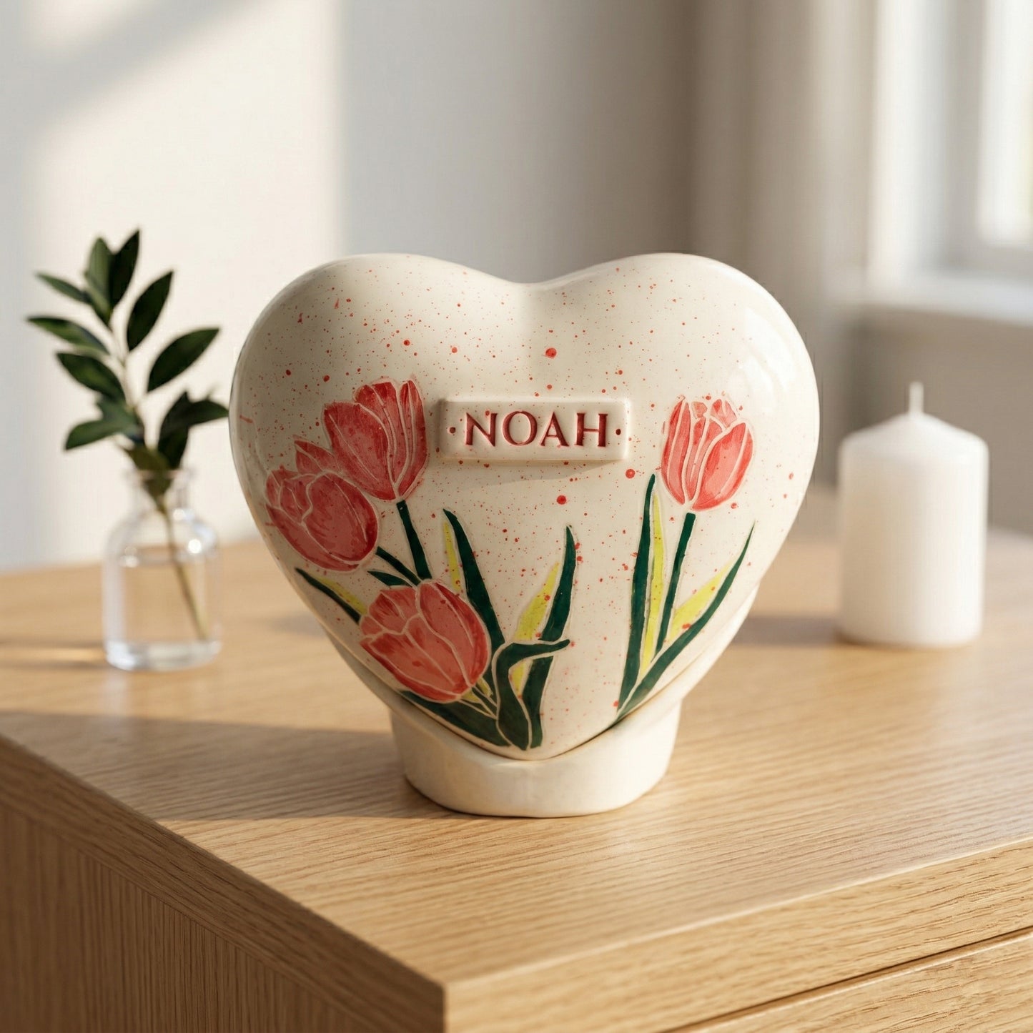 A bright home memorial display with a tulip flower heart urn on a white shelf next to a small candle.