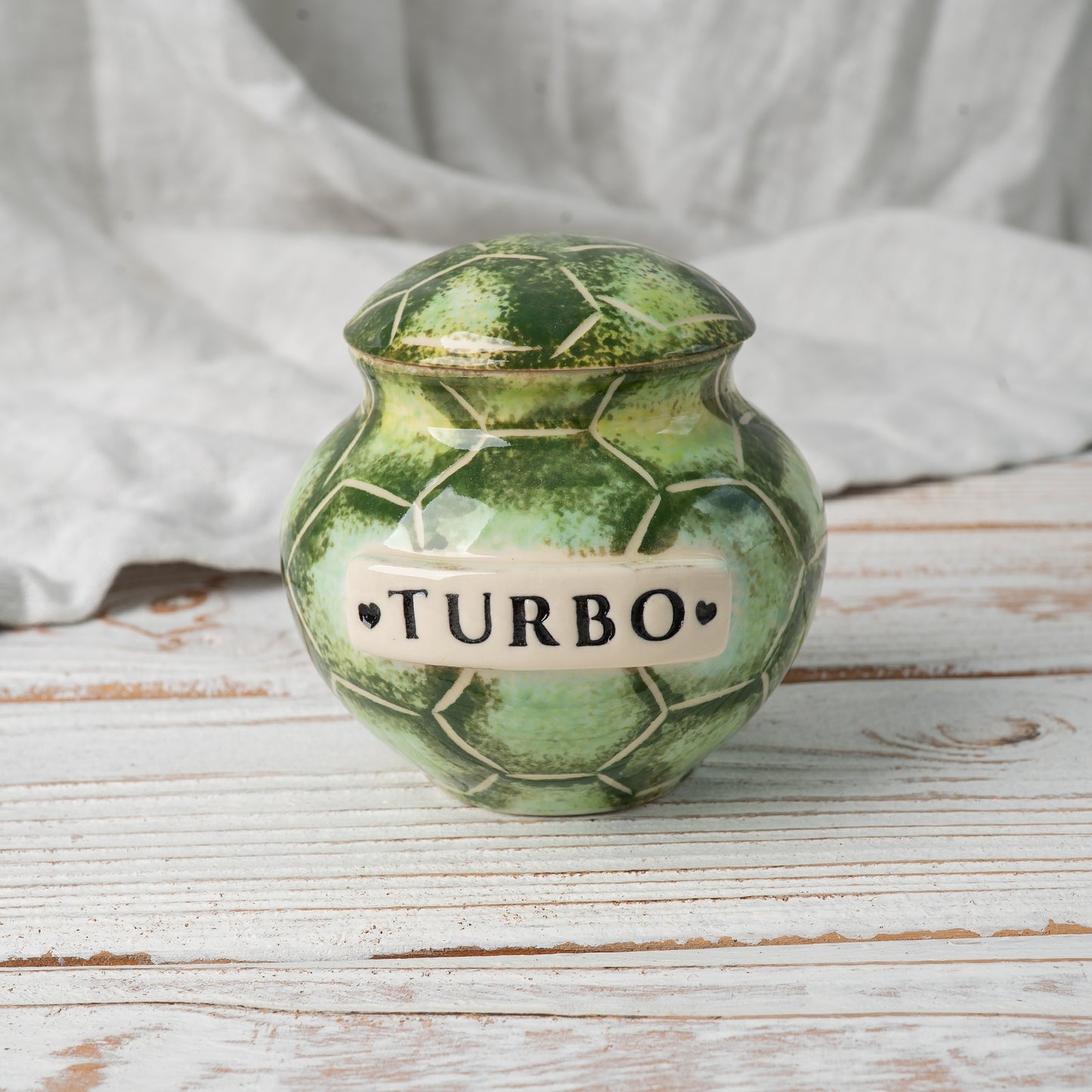 Personalized turtle ceramic urn for pet ashes with handcrafted tortoise details front view