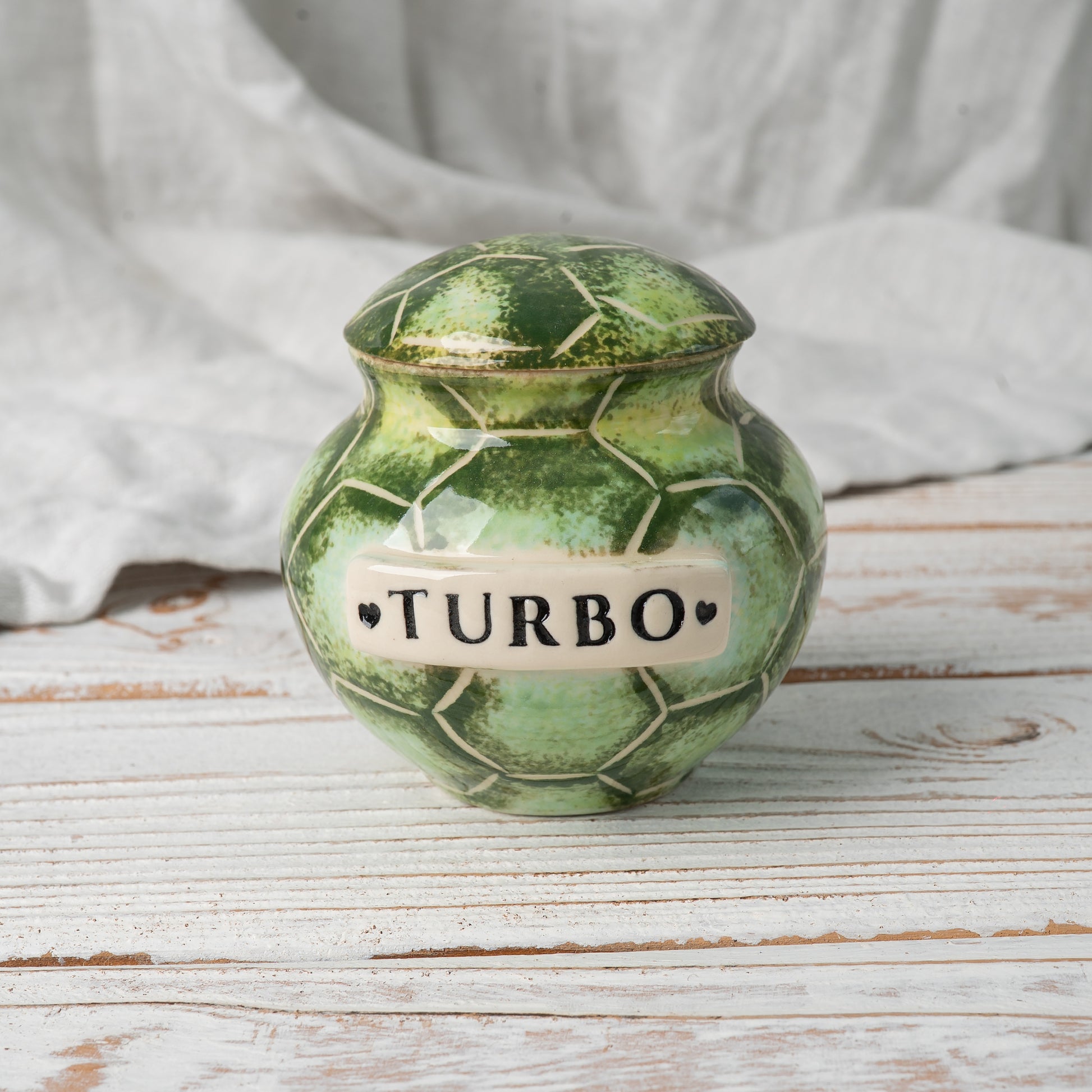 Personalized turtle ceramic urn for pet ashes with handcrafted tortoise details front view