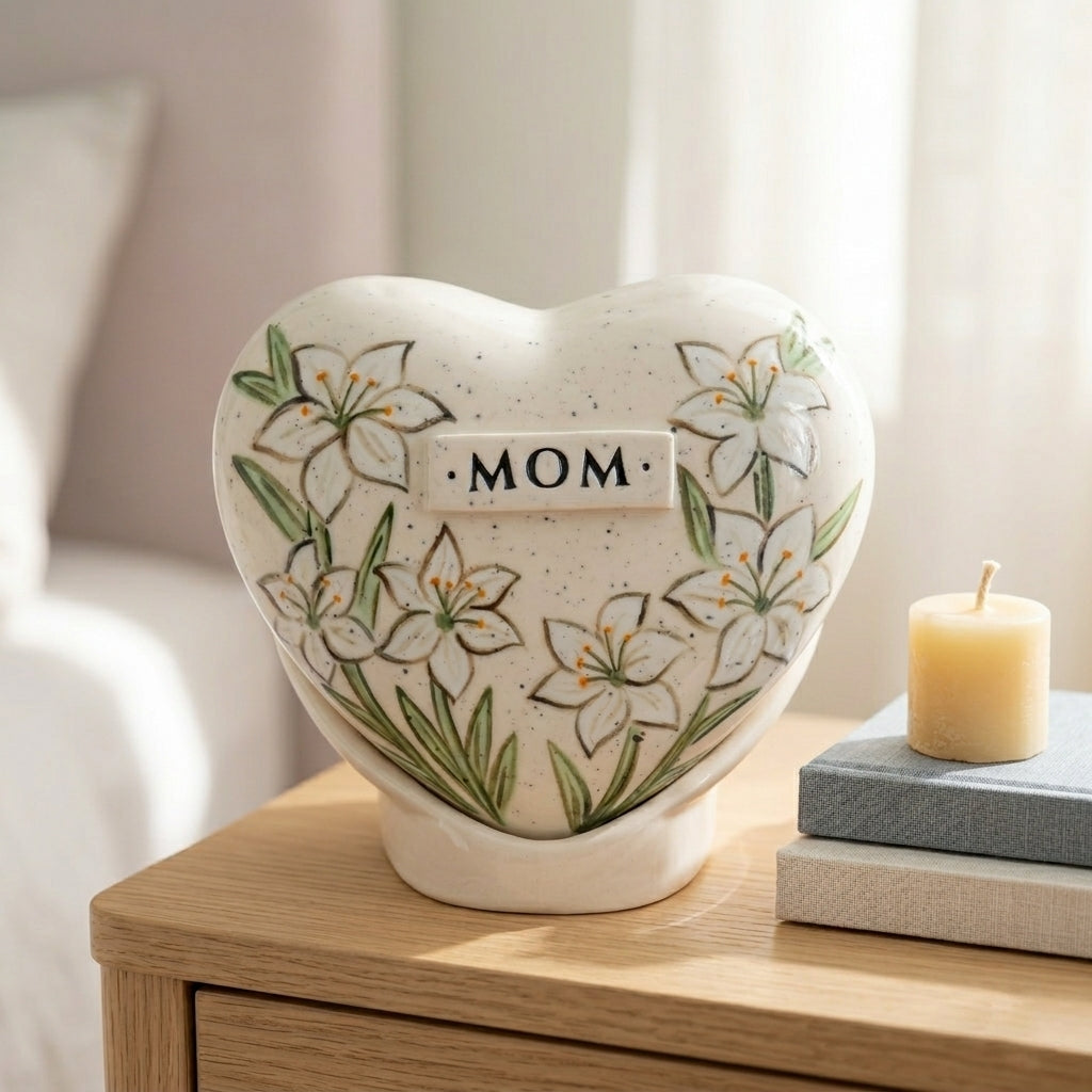 Peaceful home memorial display with a white lily heart urn on a wooden shelf next to a small candle.