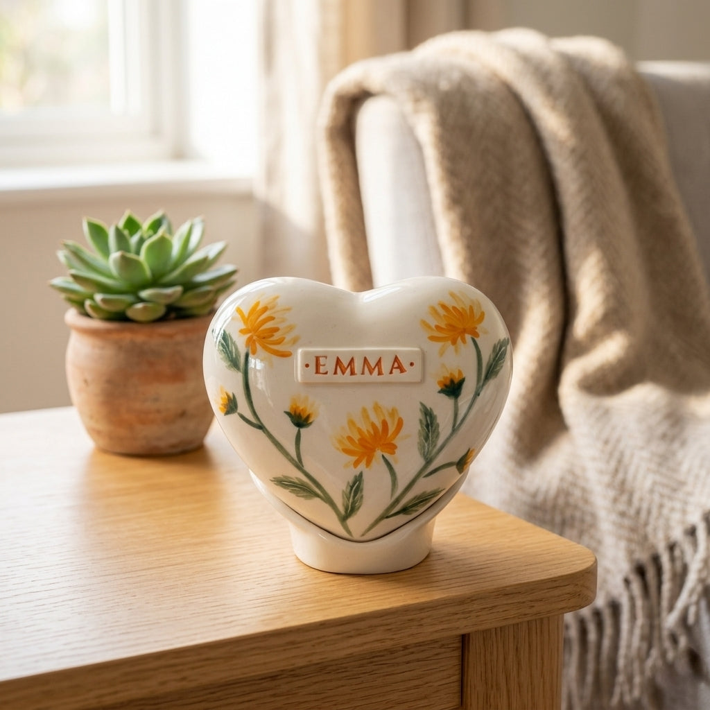 A bright home memorial display with a yellow chrysanthemum heart urn on a wood table in cozy home decor